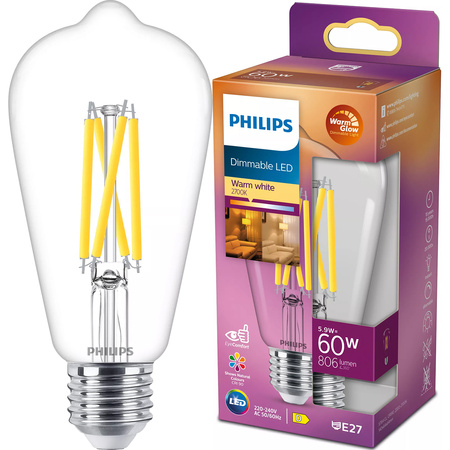 LED žiarovka E27 Edison ST64 5,9W = 60W 806lm 2200-2700K teplá biela CRI90 FILAMENT Dimmable WarmGlow Philips