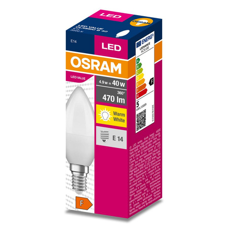 LED žiarovka B35 sviečka E14 4,9W = 40W 470lm 3000K teplá biela 220° VALUE CLASSIC Osram