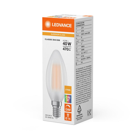 LED žiarovka E14 B35 4,2W = 40W 470lm 2700K teplá biela 320° CRI97 Stmievateľná Ledvance