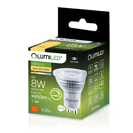 10x LED GU10 reflektor PAR16 8W = 80W 650lm 3000K teplý 36° stmívatelný LUMILED