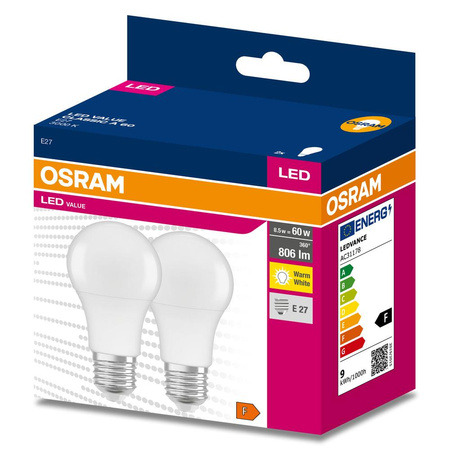 2x LED žiarovka A60 E27 8W = 60W 806lm 3000K teplá biela 180° VALUE CLASSIC Osram