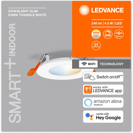 LED SPOT 4,5 W 240 lm stmievateľný CCT Round 8,5 cm biely SMART+ WiFi Downlight Ledvance svietidlo na zapustený panel