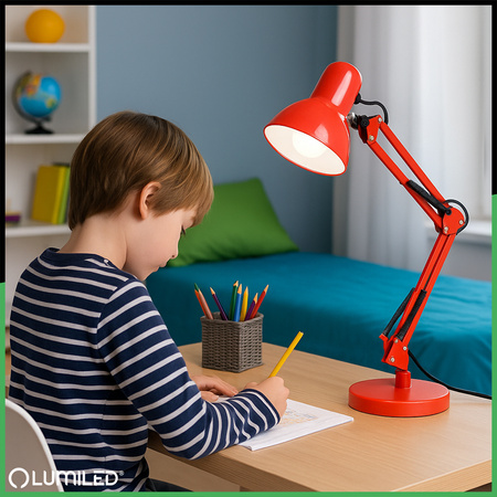 Stolová kresliaca lampa E27 TOBI Red Lumiled + stolový držiak