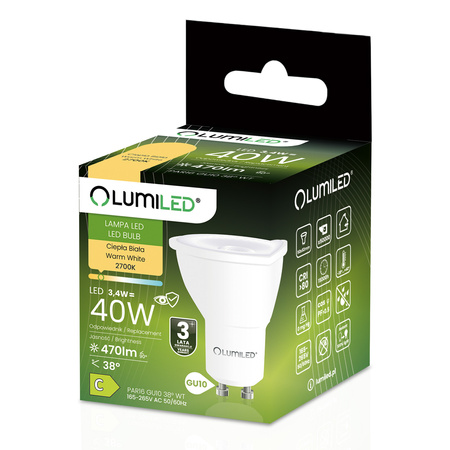 LED žiarovka GU10 PAR16 3,4W = 40W 470LM 2700K teplá biela 38° LUMILED