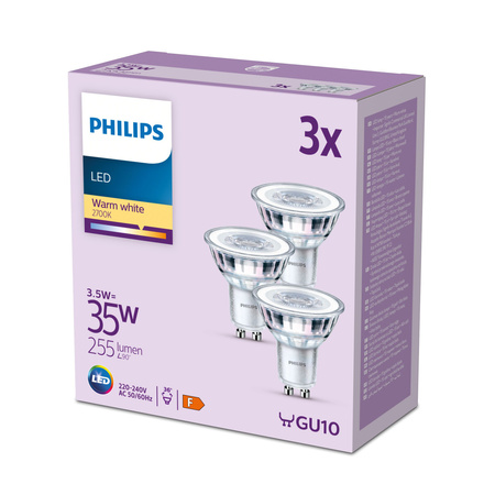 3x LED GU10reflektorom PAR16 3,5W = 35W 255lm 2700K, teplá biela 36° EC Multipack Philips