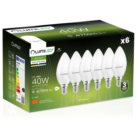 6x LED žiarovka E14 Candle B35 5W = 40W 470lm 4000K neutrálna biela 180° LUMILED