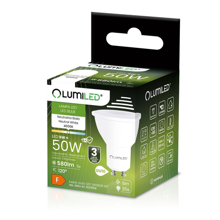 LED GU10 reflektor PAR16 6W = 50W 580LM 4000K, neutrálna biela 120° so senzorom pohybu LUMILED