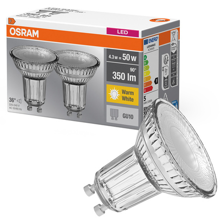 2x LED PAR16 reflektor GU10 4,3W = 50W 350lm 2700K, teplá biela 36° BASE Osram
