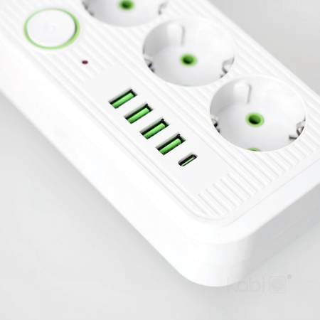 Sieťový predlžovací kábel 3x uzemnená zásuvka Napájací pásik 4x USB USB-C Vypínač 5m biely Linea Pro Kobi