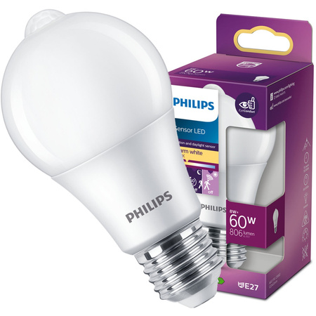 LED žiarovka E27 A60 8W = 60W 806lm 2700K teplá biela 280° PHILIPS Senzor pohybu a súmraku