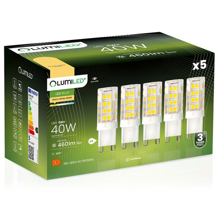 5x LED žiarovka G9 Capsule 5W = 40W 460lm 3000K teplá biela 360° LUMILED
