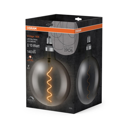 Dekoratívna LED žiarovka G200 Sphere E27 4W = 15W 140lm 1800K teplá biela 340° Smoke Dimmable Vintage 1906 Osram