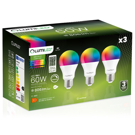 3x LED žiarovka E27 A60 9W = 60W 806lm RGBW Stmievateľná Inteligentná LUMILED