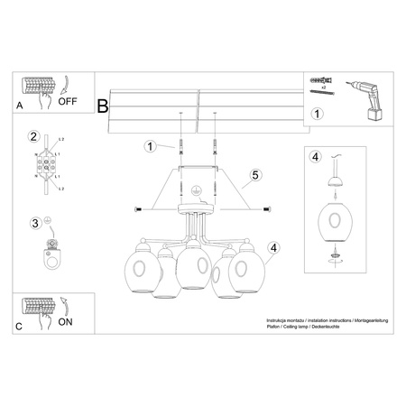 Stropné závesné svietidlo 5x E27 Luster Oval Black Moderné svietidlo Sollux