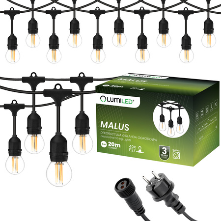 Záhradná vonkajšia svetelná reťaz Girland 20m 40x žiarovky E27 7W 3000K MALUS Lumiled