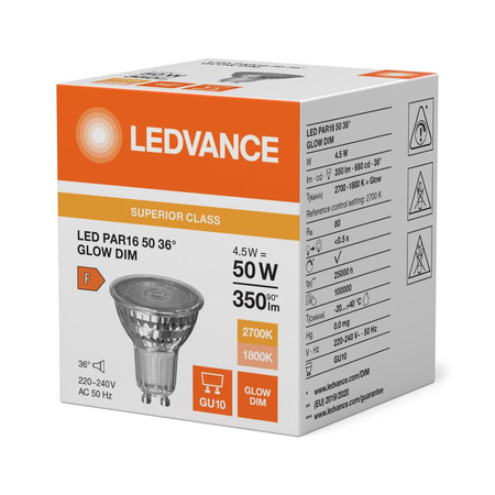 LED žiarovka reflektor GU10 PAR16 4,5W = 50W 350lm 1800-2700K teplá biela 36° Dimmable Ledvance