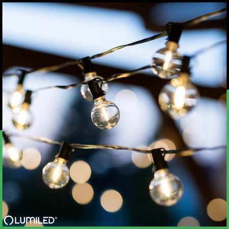 Záhradná svetelná reťaz Girland 20m 60x LED + 2 žiarovky 12W, teplá biela 2700K DOLLIS2 LUMILED