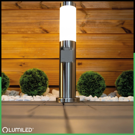 Vonkajšie záhradné svietidlo E27 INOX PIPE 45cm s 230V zásuvkou Lilium Lumiled