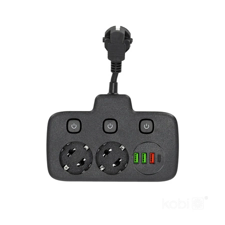 Sieťová rozdeľovacia zástrčka 2x uzemnená zásuvka Napájací pásik 3x prepínač USB-C Linea PRO Kobi