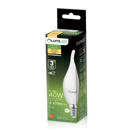 LED žiarovka E14 sviečka BA35 5W = 40W 470lm 3000K teplá biela 180° LUMILED