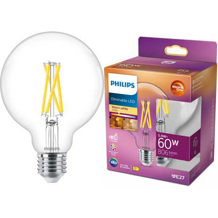 LED žiarovka E27 sphere G93 5,9W = 60W 806lm 2200-2700K teplá biela CRI90 FILAMENT Dimmable WarmGlow Philips