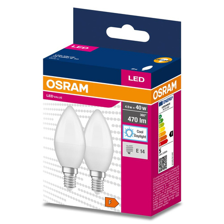 2x LED žiarovka B37 sviečka E14 4,9W = 40W 470lm 6500K studená biela 200° VALUE CLASSIC Osram