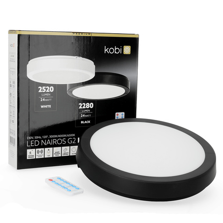 LED stropný plafón do kúpeľnepovrchovou montážou 24W 2280lm 4000K 120° so senzorom pohybu a súmraku čierny IP65 Nairos Kobi