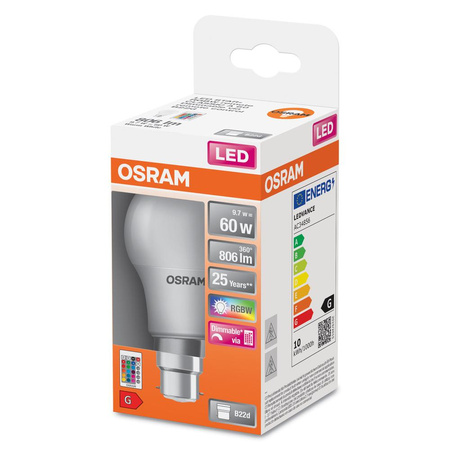 LED žiarovka A60 B22d 9,7W = 60W 806lm 2700K RGBW 200° stmievateľná Pilot Retrofit Filament Osram