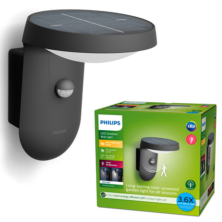 Vonkajšie solárne fasádne nástenné svietidlo LED 1,2 W 250 lm 3000K IP44pohybovým a súmrakovým senzorom Antracit Tyla Ultra Efficient Philips