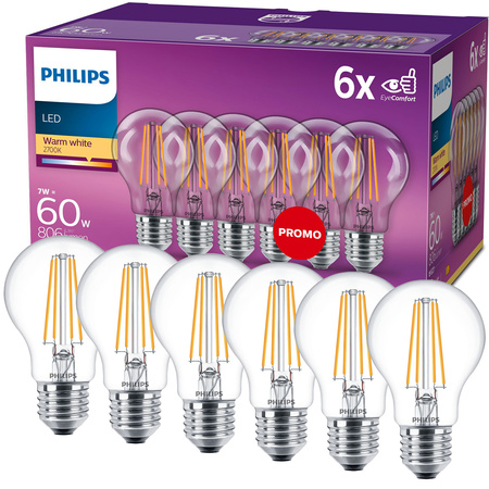 6x LED žiarovka E27 A60 7W = 60W 806lm 2700K teplá biela 330° FILAMENT LED Classic Philips