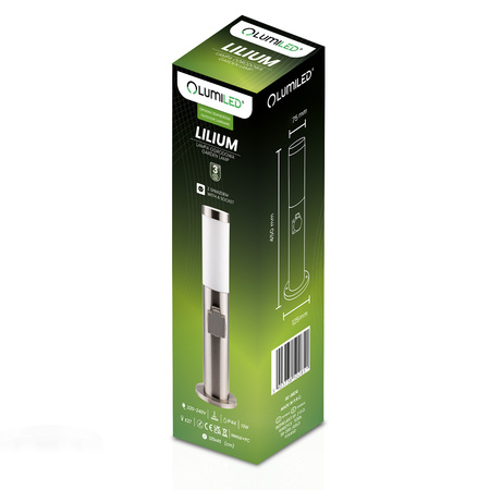 Vonkajšie záhradné svietidlo E27 INOX PIPE 45cm s 230V zásuvkou Lilium Lumiled