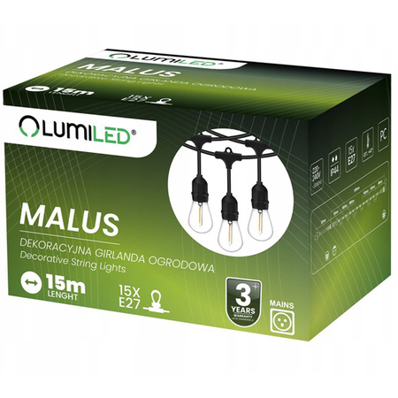 Záhradná vonkajšia svetelná reťaz Girland 15 m 15x žiarovky E27 2W 3000K MALUS Lumiled