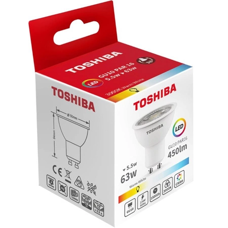 LED halogénová žiarovka GU10 5,5W = 63W 450lm 3000K Teplé bodové svetlo TOSHIBA