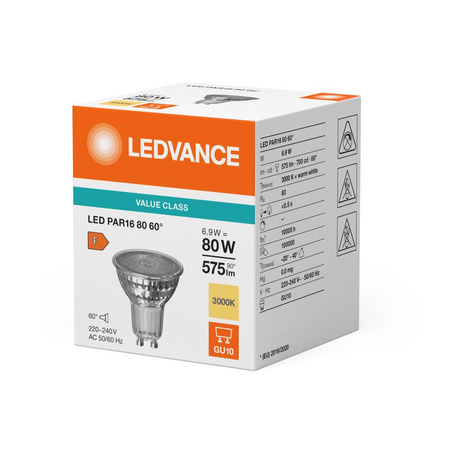 LED žiarovka GU10 PAR16 6,9W = 80W 575lm 3000K teplá biela 60° Ledvance
