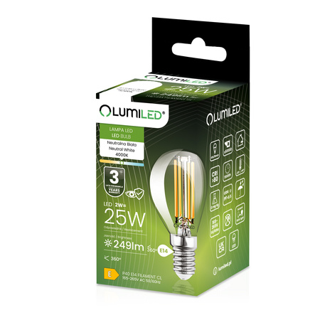 6x LED žiarovka E14 Ball P45 2W = 25W 249lm 4000K Neutral 360° FILAMENT LUMILED