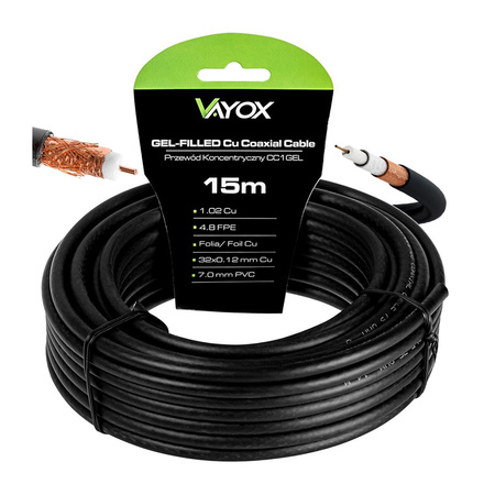 Anténny koaxiálny kábel Copper Gel CU Terrestrial 4K Full HD Black 15M VAYOX