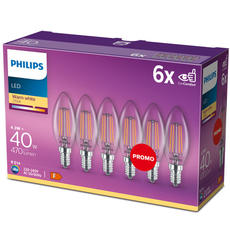 6x LED žiarovka E14 sviečka B35 4,3W = 40W 470lm 2700K teplá biela FILAMENT LED Classic Philips