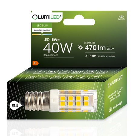 6x LED žiarovka do chladničky T25 E14 5W = 40W 470lm 4000K neutrálna biela 320° LUMILED