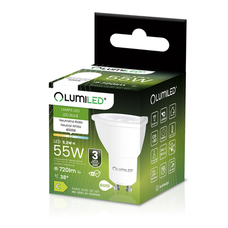 10x LED žiarovka GU10 reflektor PAR16 5,2W = 55W 720LM 4000K neutrálna biela 38° LUMILED