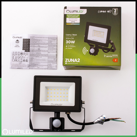 LED reflektor ZUNA2 30W 2700lm 4000K IP44 Black Senzor pohybu LUMILED
