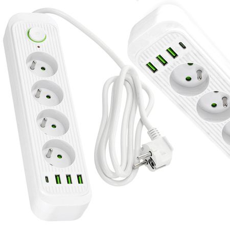 Sieťový predlžovací kábel 4x uzemnená zásuvka USB Power Strip On/Off Switch 1,5 m White Connecto Kobi