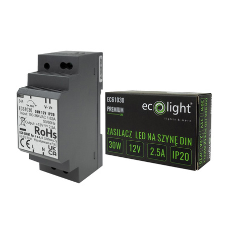 Napájací zdroj na DIN lištu pre LED pásky 30W 12V 2,5A IP20 PREMIUM Ecolight