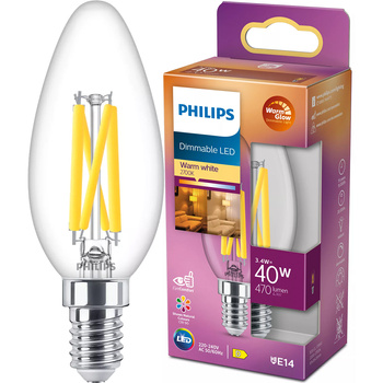 LED žiarovka E14 sviečka B35 3,4W = 40W 470lm 2200-2700K teplá biela CRI90 FILAMENT Dimmable WarmGlow Philips