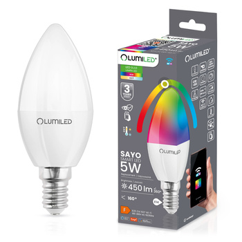 LED žiarovka E14 B35 sviečka 5W = 40W 450lm RGB stmievateľná CCT Inteligentná TUYA WiFi SMART SAYO LUMILED