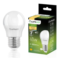 LED žiarovka E27 guľka 8W = 60W 3000K 880lm teplá biela farba CCD White LUMILED