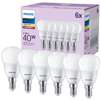 6x LED žiarovka E14 guľka P45 4,9W = 40W 470lm 2700K teplá biela EC Multipack Philips