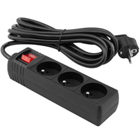 Sieťový predlžovací kábel Zástrčka - 3x zásuvka s uzemnením a vypínačom Napájacia lišta 3m 3x1,5mm 16A čierna