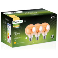 3x dekoratívna LED žiarovka E27 G95 6W = 50W 660lm 2000K teplá biela 360° vlákno LUMILED Globe Amber