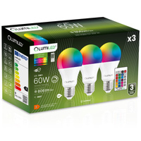 3x LED žiarovka E27 A60 9W = 60W 806lm 3000K + RGB Multicolour 260° Stmievateľná Pilot LUMILED
