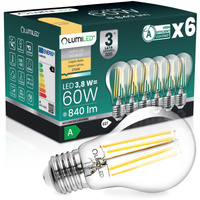 6x LED žiarovka E27 A60 3,8W 840lm = 60W 2700K teplé 360° vlákno CLASS A LUMILED